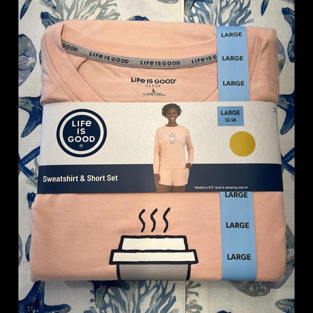 Life Is Good Women's Soft L/S Crew Top& Shorts sz L 12-14 ☕️